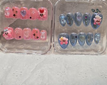 Handmade Kirby Press On Nails | Pink Blue Kawaii Square Set