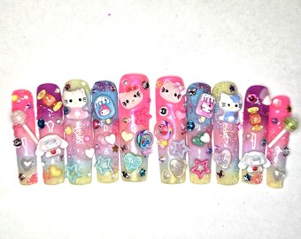 Handmade Pastel Rainbow Press On Nails | JUNK KAWAII XXL Square nails