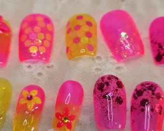 Short square neon glitter flower Press On Nails | bright and bold summer set