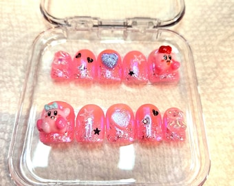 Handmade Pink Kirby Press On Nails | Kawaii Inspired Extra Short Square Nail Set