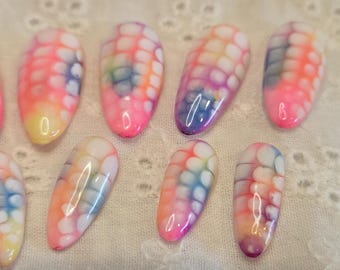 Medium Almond Neon Tie-Dye Blooming Press On Nails | Bright and Bold Summer Nails