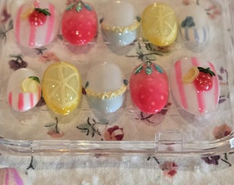 Handmade 3-D Strawberry lemon Press On Nails | Summer small Almond LuxuryNail Set
