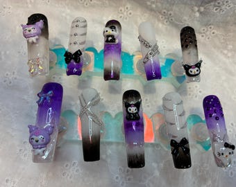 Purple Goth Press On Nails | Hello Kitty Kuromi XXL Square nails