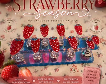 Handmade 3-D Strawberry Press On Nails | Spring Medium Almond LuxuryNail Set
