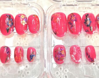 Handpainted Pink Floral Press On Nails | Summer Small Round Bright but Sophisticated Nail Set