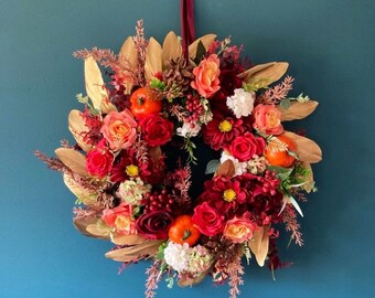 Artificial flower door wreath/ faux flower wreath/ pumpkin wreath for front door/ autumn door wreath/ autumn flowers/ artificial flowers