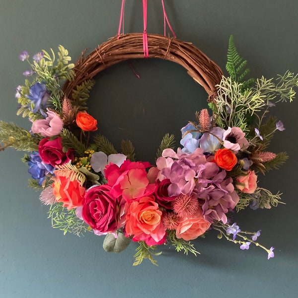 Beautiful summery wicker faux flower wreath/artificial door wreath/ flower wreath/ Mother’s Day gift/ flowers