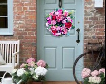 Pims /faux flower door wreath/artificial flower wreath / summer wreath/ garden decor/ present for her/ pink door wreath