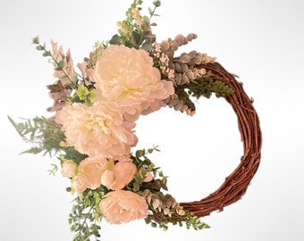 Artificial door wreath/ wreath for front door/ wicker door wreath/ door decor/ artificial flowers/ peonies