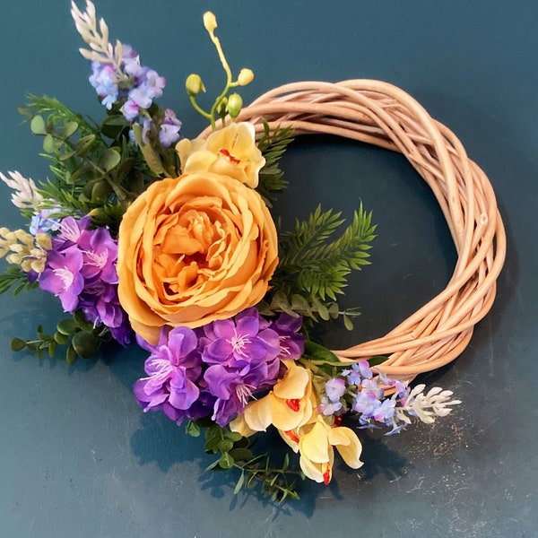 Yellow and purple wicker flower wreath/ summer flower wreath/ rose door wreath/ interior decor/ yellow rose/ wicker wreath/ faux flower