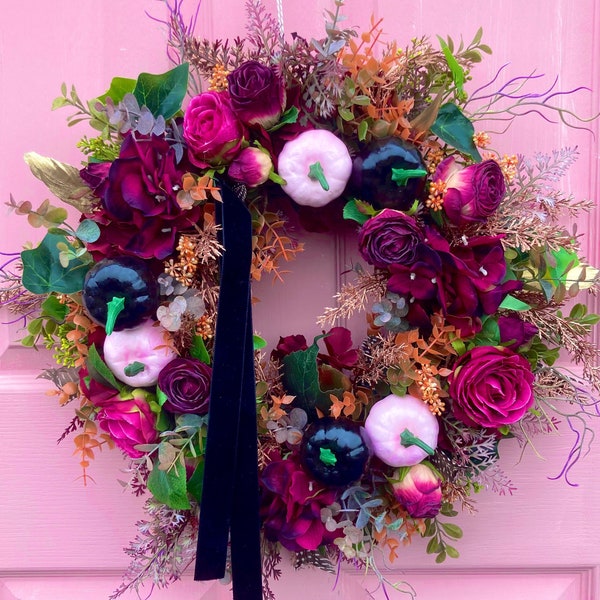 Wreath for front door/faux flower wreath/autumn door wreath/ Halloween wreath/ autumnal door wreath/ Halloween decor/ artificial flowers/