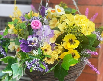 Artificial flower hanging basket, hanging basket, artificial plants, spring basket, garden decor, Mother’s Day gift, spring planted basket