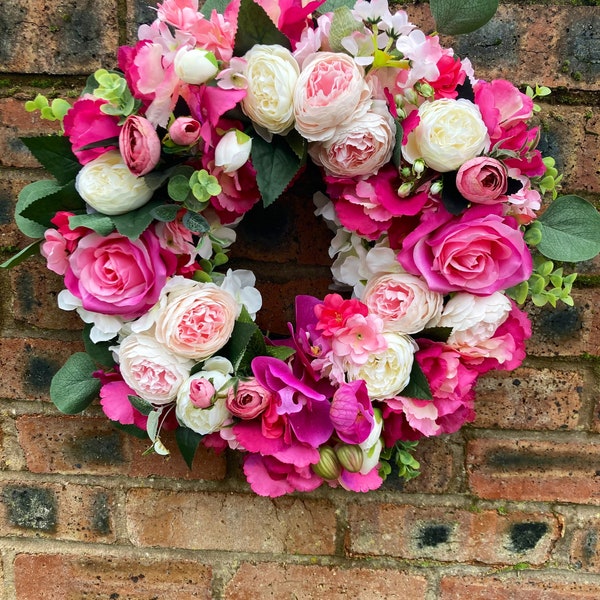 Artificial door wreath, summer door wreath, faux flower door wreath, artificial flowers, Mother’s Day gift, Pink flower door wreath,