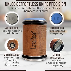 May include: A wooden knife sharpener with a blue and black top, a black base, and a silicone roller wheel. The sharpener has two grit discs, one labeled "400 Grit Disc" and the other labeled "3000 Grit Disc". The sharpener is labeled "LavaRose".