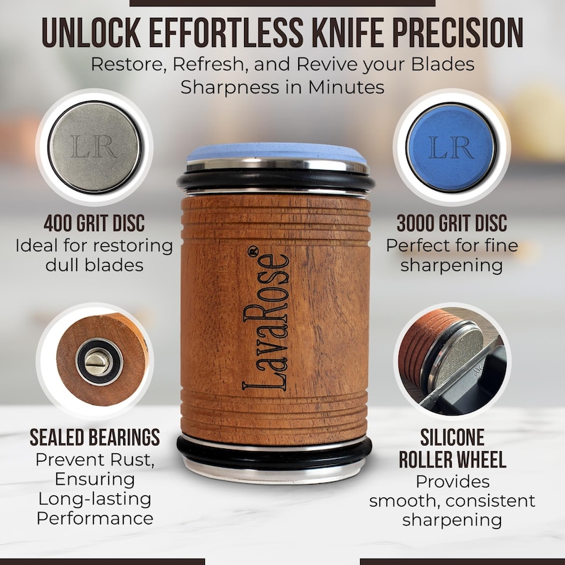May include: A wooden knife sharpener with a blue and black top, a black base, and a silicone roller wheel. The sharpener has two grit discs, one labeled "400 Grit Disc" and the other labeled "3000 Grit Disc". The sharpener is labeled "LavaRose".