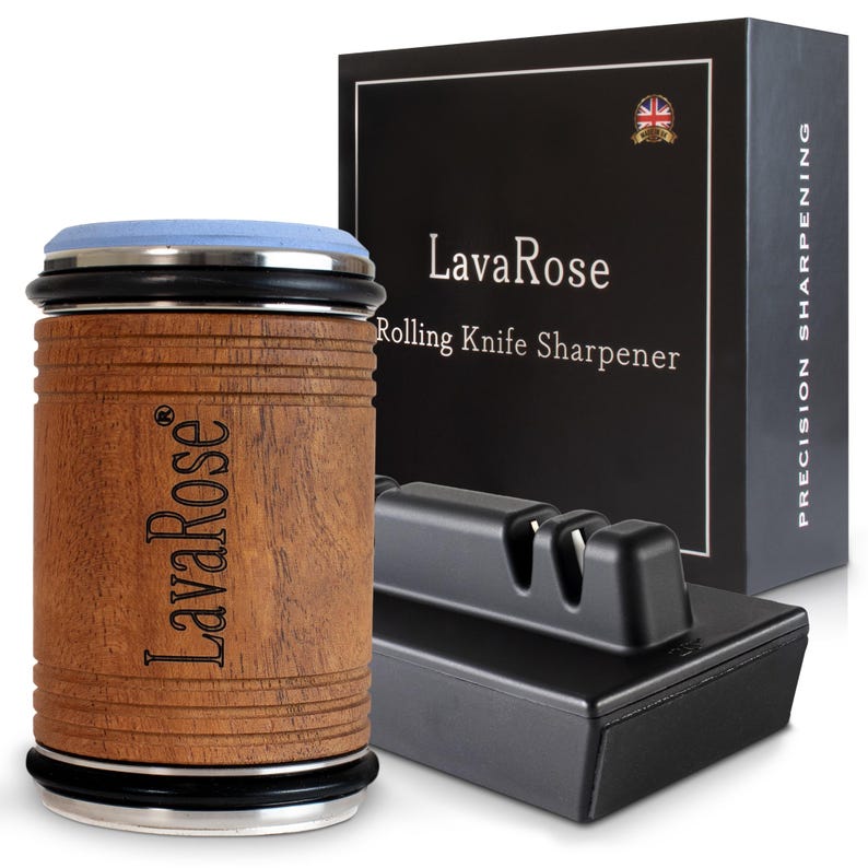 May include: A wooden rolling knife sharpener with a black base and a blue ceramic sharpening rod. The sharpener is labeled "LavaRose Rolling Knife Sharpener" and is packaged in a black box with the text "Precision Sharpening" printed on the side.