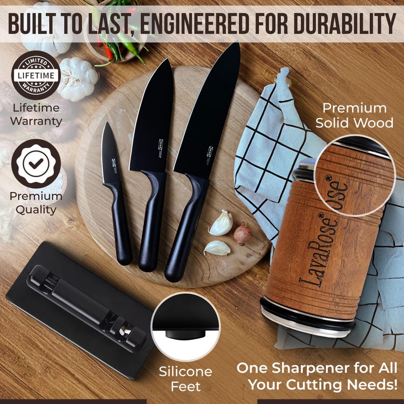 May include: A set of three black kitchen knives with black handles, a wooden knife sharpener with the text "LavaRose use" on the side, and a black knife holder with silicone feet. The knives are on a wooden cutting board with garlic cloves and green onions.