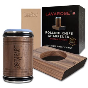 LavaRose Rolling Sharpener Walnut.  Premium Solid Walnut Base and Roller, 15 to 20 Magnetic Angles, Diamond & 3000 Grit Discs, Leather Strop