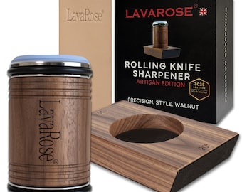 LavaRose Rolling Sharpener Walnut.  Premium Solid Walnut Base and Roller, 15 to 20 Magnetic Angles, Diamond & 3000 Grit Discs, Leather Strop