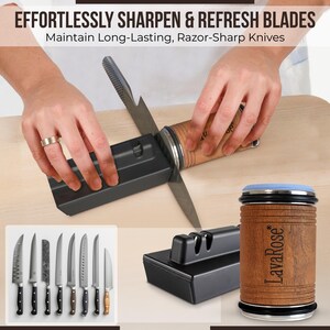 May include: A black knife sharpener with a wooden handle. The sharpener is being used to sharpen a knife. The text "LavaRose" is visible on the wooden handle. The image also shows a set of eight knives with black handles.