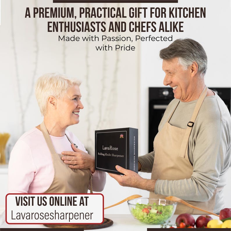 May include: A couple in a kitchen setting, smiling and holding a black box with the text "LavaRose Rolling Knife Sharpener". The text "VISIT US ONLINE AT Lavarosesharpener" is displayed in a white box at the bottom of the image.