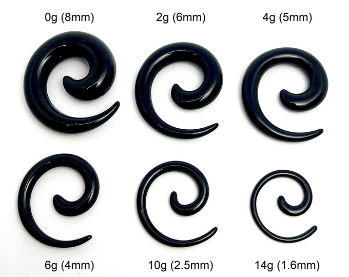Black Spiral Ear Tapers, Solid Acrylic Ear Gauge, Horn Spirals for