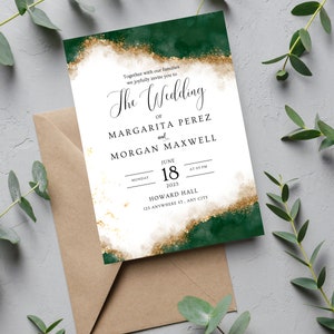 Emerald Green & Gold themed Printable Wedding Invitation, editable instant download, digital download, template