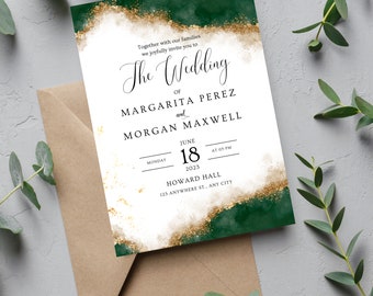 Emerald Green & Gold themed Printable Wedding Invitation, editable instant download, digital download, template