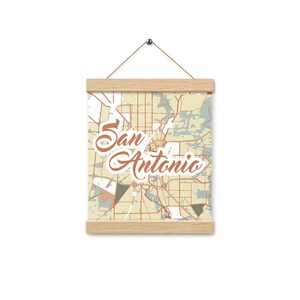 San Antonio Texas map poster with oak hanger | colorful map printed on matte paper
