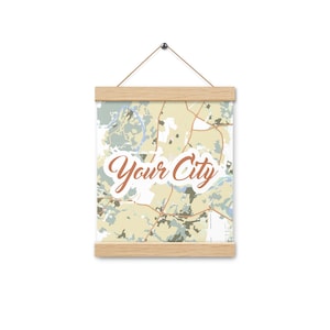 Custom map poster with oak hanger | colorful map printed on matte paper