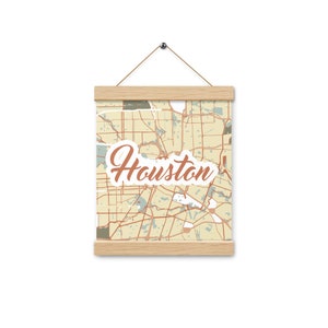 Houston Texas map poster with oak hanger | colorful map printed on matte paper