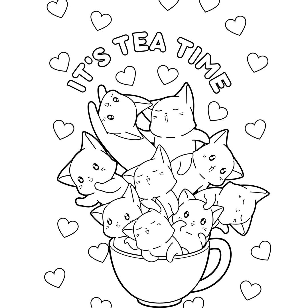 Cat Lovers Coloring Page Printable It's Tea Time - Etsy