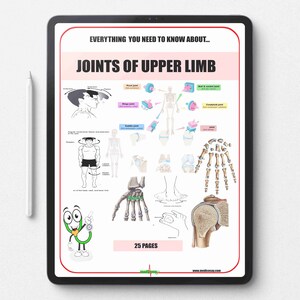 Puede incluir: Una tableta digital muestra un diagrama educativo titulado "Articulaciones de la extremidad superior". El diagrama presenta ilustraciones anatómicas de varios tipos de articulaciones, incluyendo articulaciones de pivote, bisagra y bola y cavidad. El texto "Todo lo que necesitas saber sobre..." está en la parte superior.
