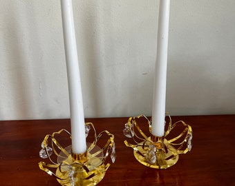 Gold Gilded Crystal Taper Candlestick Holders  - Vintage Table/Mantle Decor