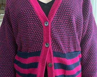Valentines Heart Cardigan Sweater Size Large - Navy and Hot Pink Knitwear by Alcott & Andrews