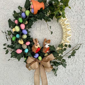 Floating Easter Egg Wreath: Bunny, Burlap Bow, Spring Decor