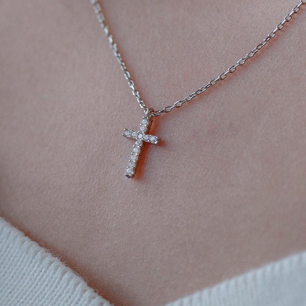 Sterling Silver Cross Necklace, Delicate Cross for mom, 14k Gold Diamond Cross, Confirmation Gift for girls, Girl Women Cross necklace