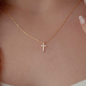 Cross Necklace, Diamond Cross Necklace,14k Gold Diamond Cross, Dainty Diamond Cross, Baptism Gift, Communion, Cross pendant