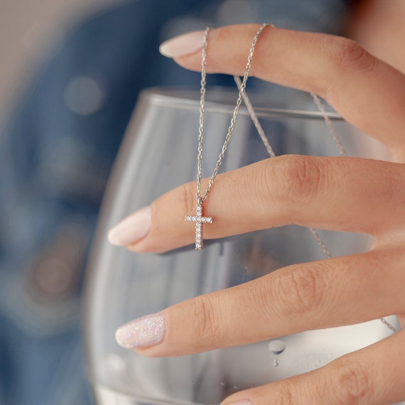 Silver Cross Necklace Diamond Cross Necklace Cross Necklace Etsy