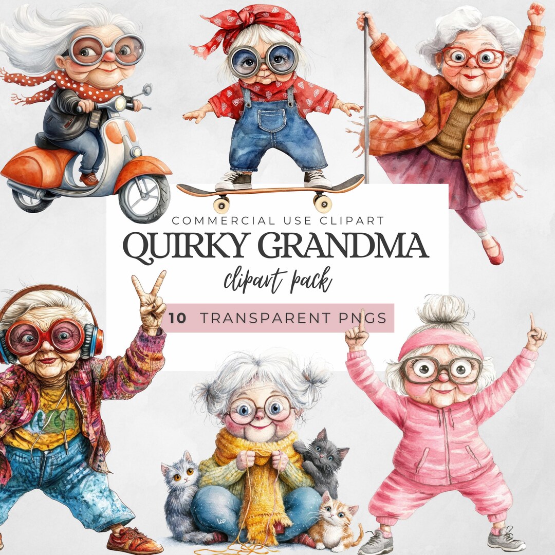 Quirky Grandma Clipart - 10 Funny Elderly Characters, Whimsical PNG for ...