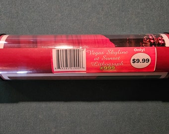 Póster litográfico vintage del horizonte de Las Vegas 2002 al atardecer, 9 x 36, ¡NUNCA ABIERTO!