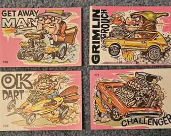 Paquete de 4 cartas de Odd Rods: n.° 108 Hombre Escapar, n.° 109 Gremlin Gruñón, n.° 110 OK Dart y n.° 111 Challenger