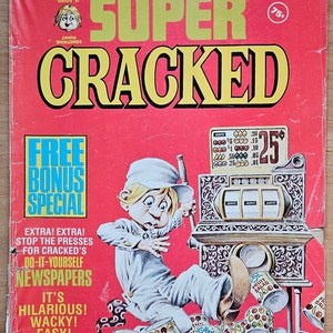 May include: A vintage comic book cover featuring a cartoon character with a surprised expression. The cover is red with yellow text that reads "Super Cracked" and "Free Bonus Special". The comic book is from the 8th Annual Huge Fantastic Edition.