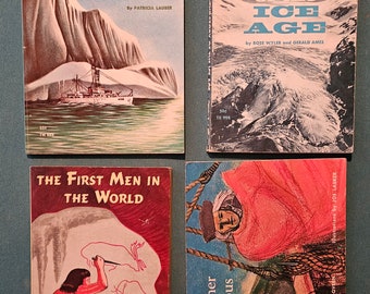 Conjunto vintage de cuatro libros de bolsillo infantiles de La Edad de Hielo, Iceberg, El Hombre Prehistórico y Colón (1967-1970)