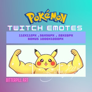 Puede incluir: Una imagen de dibujos animados de un Pikachu amarillo con brazos grandes y musculosos que se flexionan. La imagen se titula "Pokémon Twitch Emotes" e incluye el texto "112x112px, 56x56px, 28x28px BONUS 1000x1000px" y "Bitterpill Art".