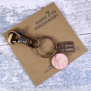 7th Anniversary Keepsake Gift, Year 2018 United States Penny Coin Keyring, Copper Anniversary, 7 Years & Counting. Add-On Engraving