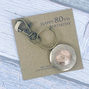 80th Birthday Farthing Coin Keepsake, Year 1945 Farthing Coin Vintage Locket Keyring, British Coin Keyring, Add-On Engraving
