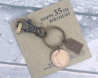 35th Birthday Gift: 1991 British Penny Coin Keyring, Engraved Charm