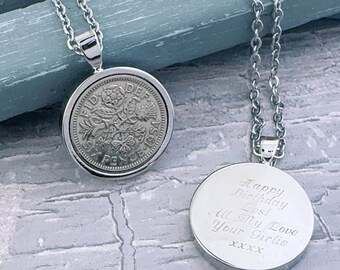 70th Birthday Personalised Engraved Year 1956 Lucky Sixpence Coin Necklace, Unique Birthday Keepsake