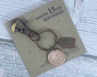 15th Birthday Keepsake Gift, Year 2011 British Penny Coin Keyring, Add-On Engraving